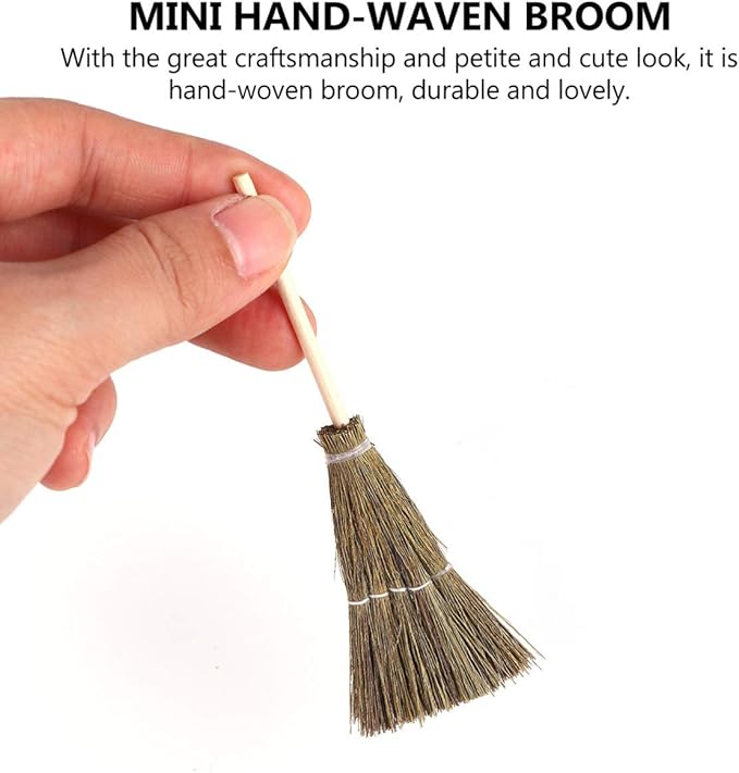 Mini Hand-Woven Decorative Broom Dollhouse Accessory 3.93In Straw Witch Broom Prop for Doll Toys and Fairy Tale Decor
