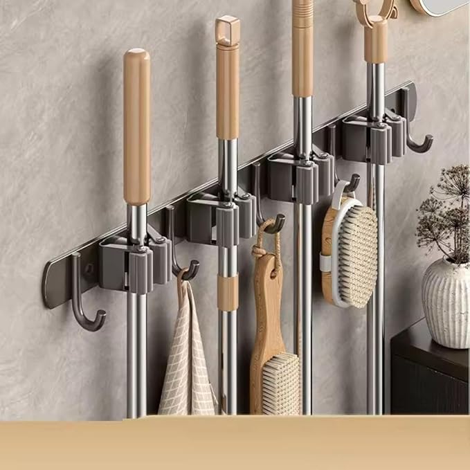 Wall Mount Mop and Broom Holder – Heavy Duty SUS304 Stainless Steel Organizer with 4 Hooks & 3 Clips – Space Saving Storage Rack for Kitchen, Bathroom, Garage, Laundry Room