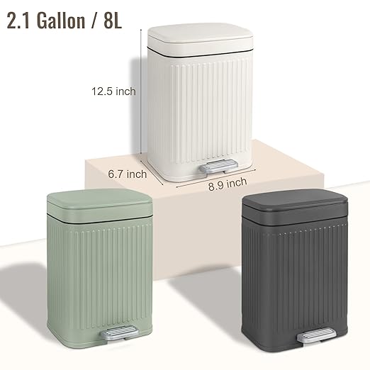 rejomiik Small Bathroom Trash Can with Lid 2.1 Gallon Soft Close Step Slim Garbage Can Waste Bin for Office, Bedroom, Kitchen, Cream