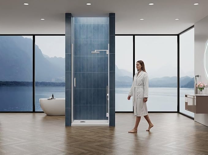 Framelss Hinged Shower Door, 36"W x 76"H Single Swing Pivot Shower Door, 3/8" (10mm) Tempered Glass with Nano Coating, Stainless Steel Handle, Glass Door for Walk-in Shower - Brushed Nickel
