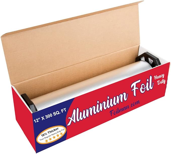 Foilman Thick & Heavy Duty Aluminum Foil Roll with Sturdy Corrugated Cutter Box, Food Safe Cling Wrap for Cooking, Baking, Roasting, Grilling, Freezer Storage - Durable Kitchen Use - 12 in x 300 sq ft