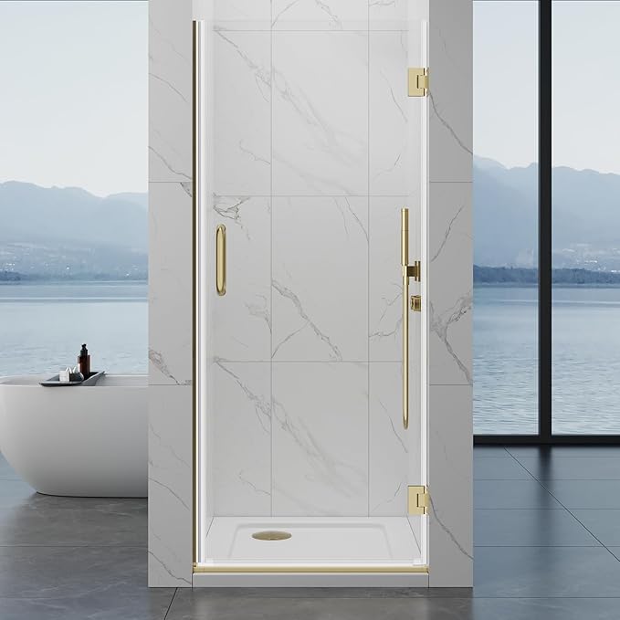 Framelss Hinged Shower Door, 30" W x 76" H Single Swing Shower Door, 3/8" (10mm) Tempered Glass with Nano Coating, 304 Stainless Handle, Glass Door for Walk-in Shower - L02-30 (Brushed Gold)