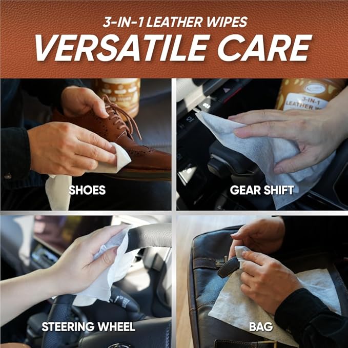 Air Jungles 3in1 Leather Wipes 50 Count (Pack of 2), Extra Large 8" x 10" Size, Clean Condition Protect Wipes for Leather Car Seat, Furniture Couch, Shoes Boots Bags Purse Apparel