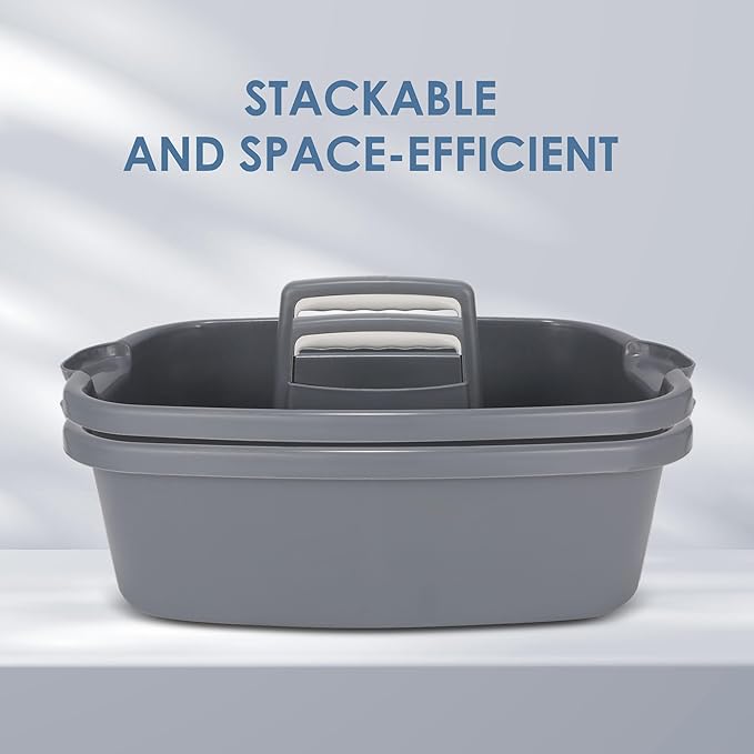 Large Cleaning Supplies Caddy Organizer, Portable Shower Caddy Plastic Basket with Handle, Stackable Tool Storage for Bathroom, Garden, Kitchen, Home Organization, Grey