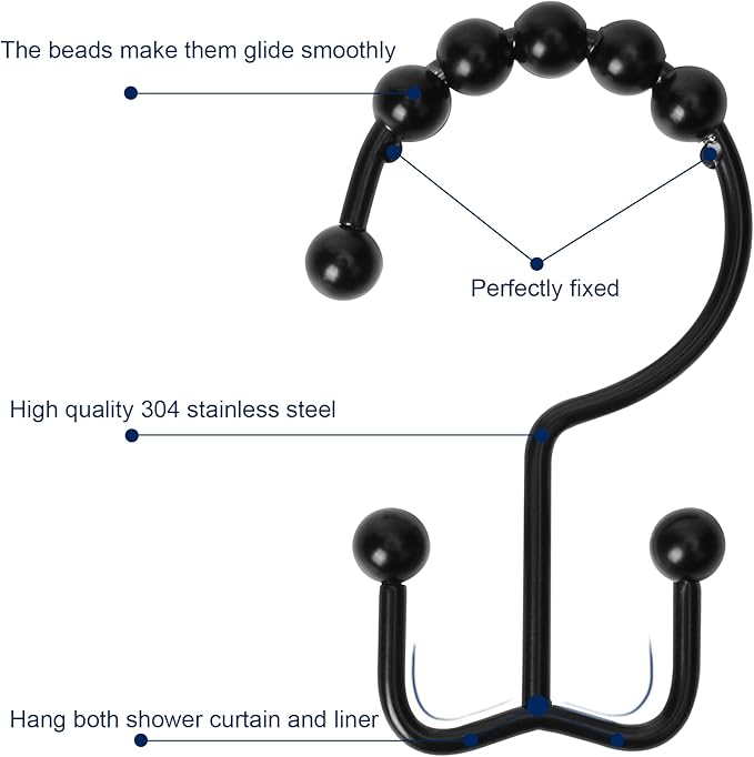 Shower Curtain Hooks,Sturdy Stainless Steel Double Sided Shower Hooks Rings for Bathroom Shower Curtain Rods Curtains Set of 12 Hooks - Matte Black