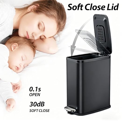 1.6 Gallon Black Bathroom Step Trash Can with Lid, Soft Close, Small Stainless Steel Garbage Can with Removable Inner Bucket, Includes 60 Trash Bags