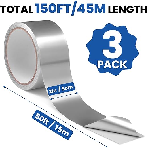 3 Pack Aluminum Foil Tape, 3.9 mil 2" x 150 Feet Total Foil Tape, Silver High Temperature Tape, Metal Tapes, Seal HVAC Tape, Insulation Foil Tape for Ductwork, HVAC, Dryer Vent, Seal