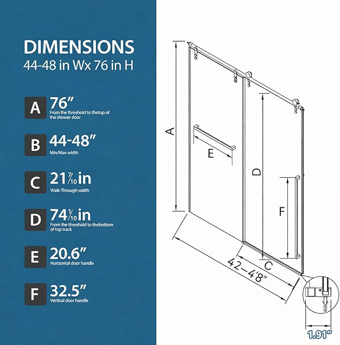 Frameless Sliding Shower Door, 44-48" W x 76" H Shower Glass Door, 5/16"(8mm) Tempered Glass Shower Doors for Walk in Shower with Explosion-Proof Film, Stainless Steel Hardware, Chrome