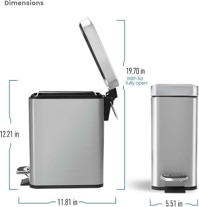 Home Zone Living 3-Pack 1.3 Gallon Small Bathroom Trash Can with Lid and Step Pedal, Stainless Steel Wastebasket with Slim Design for Home and Office, Silver, 5 Liters