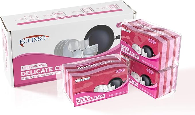 9 Pack Gentle Clean Delicate Scrub Sponges, Safe for Fine China, Glass & Nonstick Pans, Dual-Sided Soft Cleaning Sponges in Resealable Pouches
