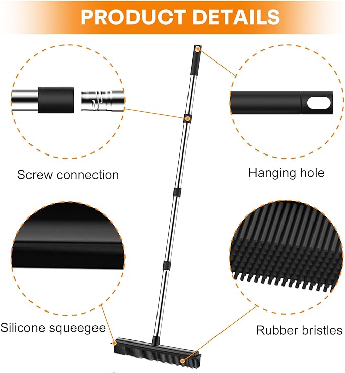 nacena Rubber Broom, 2 in 1 Pet Hair Removal Broom with Squeegee 51-in Adjustable Long Handle Carpet Broom for Cleaning Carpet Hardwood Floor Tile Window, Black
