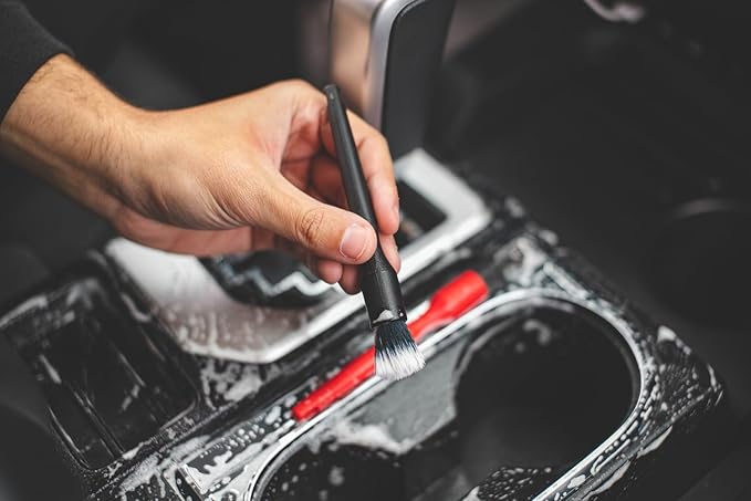 Detail Factory - Boar Hair Detailing Brush Short-Handle + Long-Handle Combo Kit - Comfortable Grip and Heavy-Duty Scrubbing for Interior, Exterior, Engine Bay, Wheels, Exhaust Tips, Red + Black