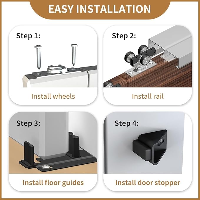 Heavy Duty Bypass Sliding Closet Door Track Hardware 96", 8 FT Aluminium Pocket Track Rail Set, Smoothly and Quietly, for 2 Door System,Silver