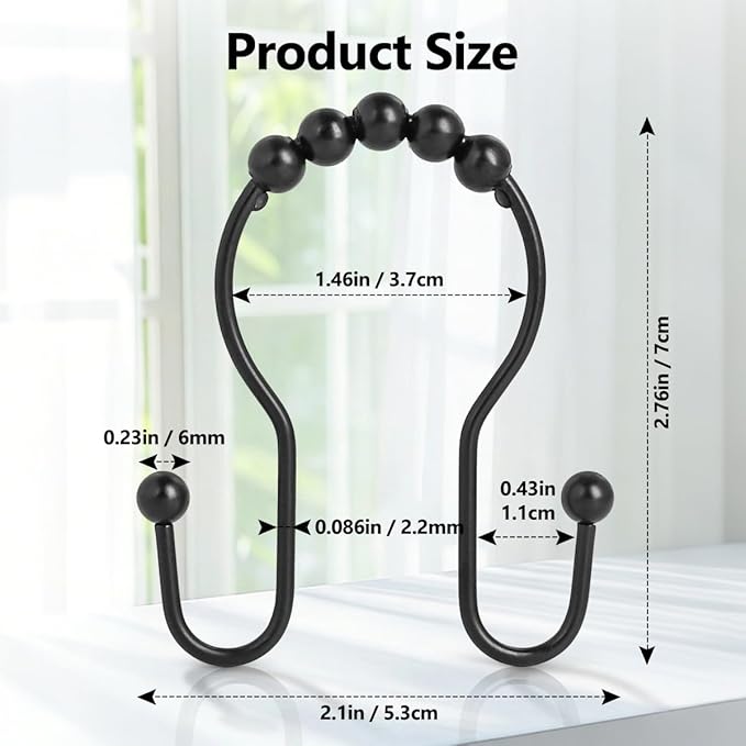 Shower Curtain Hooks, Sturdy Metal Black Shower Curtain Rings, Glide Roller Double Shower Hooks, Rust Proof Anti-Drop Curtain Hooks, 12 Pcs Smooth Sliding Rings for Bathroom Shower Rods Curtains