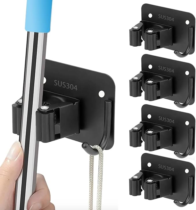 Mop and Broom Holder Wall Mount Stainless Steel 304 Tool Garage Organization Command Rack Screw and Self Adhesive 3m Broom Hanger Heavy Duty 4pcs (4pcs，black), TBJ001