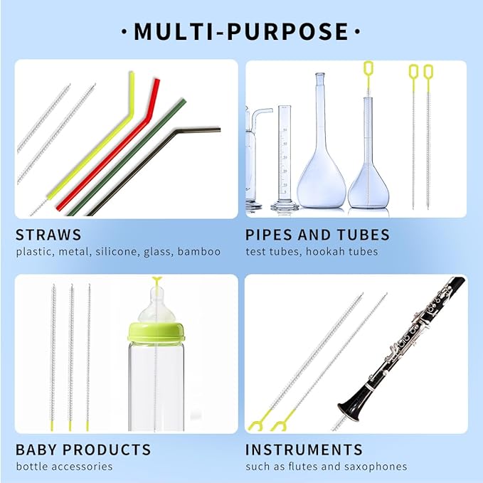 Extra Long 10 Inch Straw Cleaner Brush, Heavy Duty Thin Bristle Straw Brushes for Cleaning, Reusable Metal Straw Cleaner Brush Set for Stanley Cup, Glass Pipe & Drinking Straws (5-Pack)