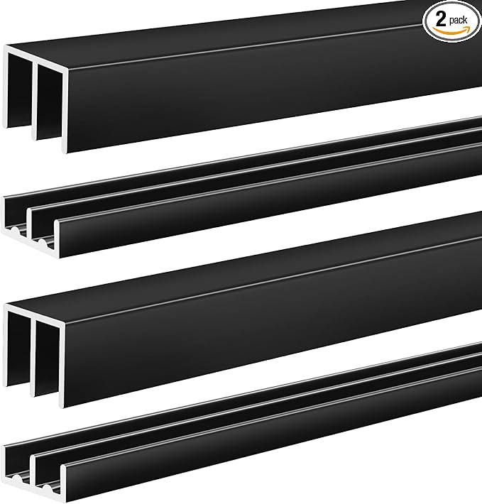 Landical 2 Set 3 ft Black Aluminum Sliding Door Track Set for 1/4" Thick Panels Closet Glass Doors Cabinet Window Aluminum Alloy Metal Sliding Track