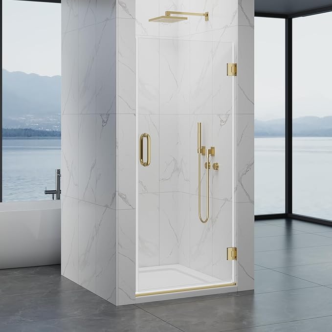 Hinged Shower Door, 32" W x 76" H Single Swing Pivot Framelss Shower Door, 3/8" (10mm) Tempered Glass with Nano Coating, Stainless Handle, Glass Door for Walk-in Shower - Brushed Gold
