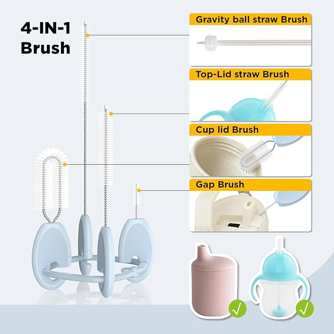 Baby Straw Brush Set, 4 Piece Cleaner Kit with Standable Key Ring – for Sippy Cups, Weighted Straw Cups & Baby Bottles – Designed for 0–24 Months, Blue