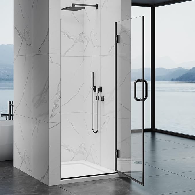 Framelss Single Swing Hinged Shower Door, 28" W x 76" H Pivot Shower Door, 5/16" (8mm) Tempered Glass with Nano Coating, SGCC Certified, Glass Door for Walk-in Shower - L02-28 (Matte Black)