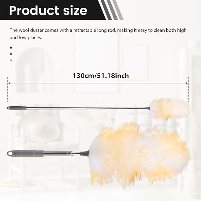 2Pcs Extendable Lambswool Duster Lightweight Ceiling Cleaning Lambswool Duster with Stainless Steel Pole for Ceiling Cabinet