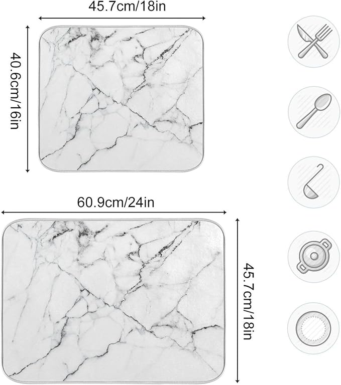 White Grey Marble Dish Drying Mat for Kitchen Counter Absorbent Microfiber Drying Pad, Medium 16x18 in, Reversible Drainer Mats
