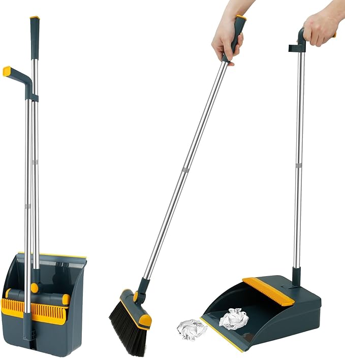 Broom and Dustpan Set for Home, 180° Rotating Broom Combo, Foldable Standing Dustpan and Brush, Long Handle Broom and Dustpan Combo Set with Scraper Teeth for Cleaning Room Office Lobby Floor (A)
