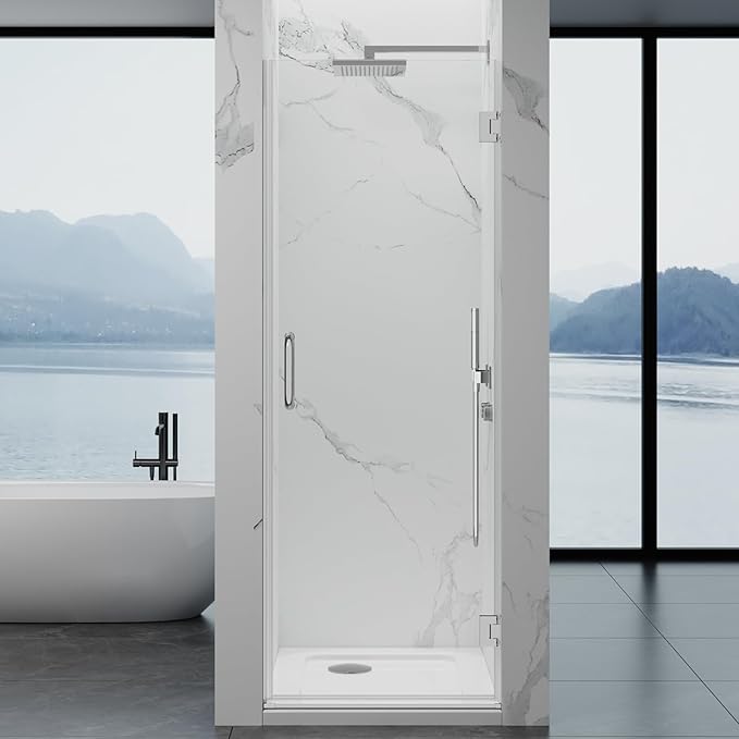 Framelss Single Swing Hinged Shower Door, 28"W x 76"H Pivot Shower Door, 5/16" (8mm) Tempered Glass with Nano Coating, SGCC Certified, Glass Door for Walk-in Shower - L02-28 (Bright Chrome)