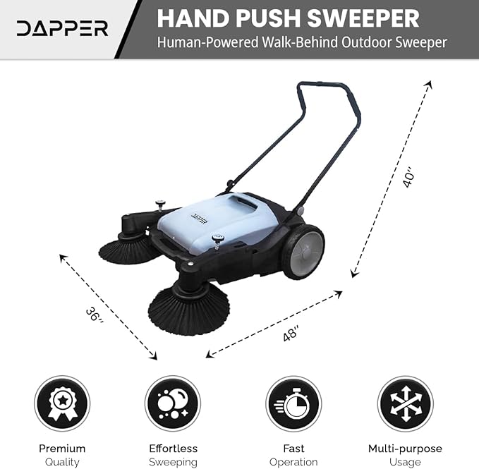 Walk-Behind Outdoor Hand Push Floor Sweeper - 10.5 Gallon Capacity - 36" Sweeping Width - Sweeps up to 39,500 ft/Hour, Grey