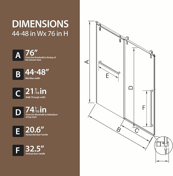 Frameless Shower Door, 44-48" W x 76" H 5/16" 8mm Glass Sliding Shower Doors with Explosion-Proof Film, Shower Doors for Walk in Shower with Tempered Glass Stainless Steel Hardware, Brushed Nickel