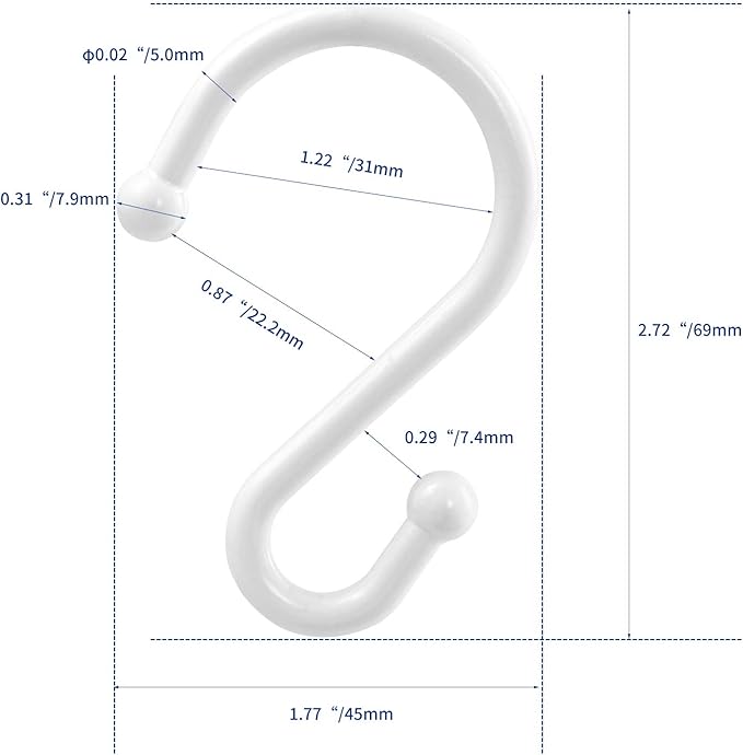 Metal Shower Curtain Hooks，Set of 12 Rings，Rust Resistant S Shaped Hooks Hangers for Shower Curtains, Kitchen Utensils, Clothing, Towels, etc. (White)
