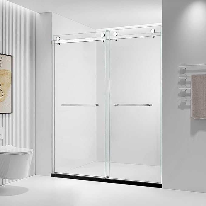 Shower Door, 56-60" W x 74" H Framed Double Sliding Shower Door with 5/16"(8mm) Clear Tempered Glass, Glass ShowerDoor w/Explosion-Proof Film Nano Coating,Brushed Nickel Finished