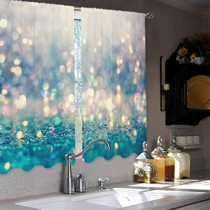 Blue Glitter Pattern Kitchen Curtains Beautiful Abstract Shiny Light Blur Bokeh Short Tier Curtains for Bathroom Cafe Small Window Drapes Treatment 2 Panels (27.5x39 Inch)