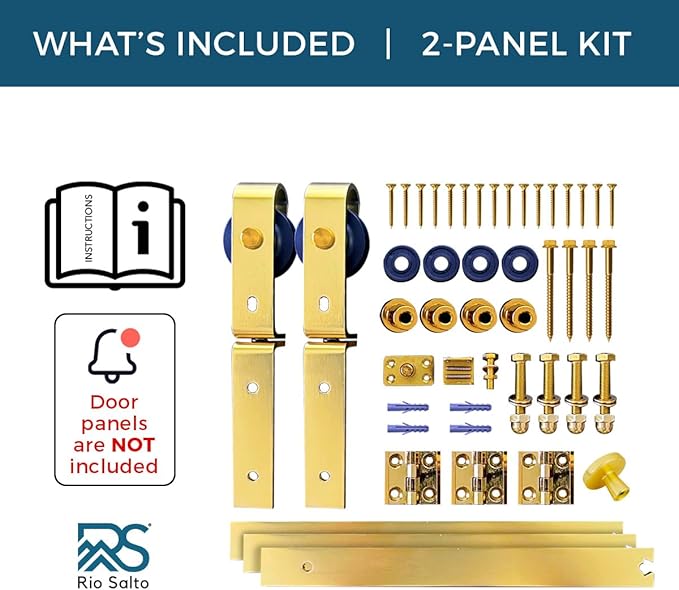 Rio Salto Gold Bifold Sliding Barn Door Hardware Kit Heavy Duty Metal Track System with Matching Knobs Gold Bi-Fold Barn Door Bifold Closet Doors, Bi-Folding 34" Track for 2 Doors, 2 Rollers No Door