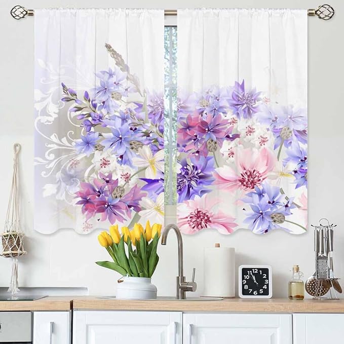 Lavender Kitchen Curtains Pastel Cornflowers Colorful Floral Short Tier Curtains for Bathroom Cafe Small Window Drapes Treatment 2 Panels (27.5x39 Inch)