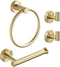 Gold Bathroom Hardware Set, Brushed Gold Toilet Paper Holder Towel Ring and 2 Robe Hook Bathroom Accessories Hand Towel Holder Kit Wall Mount Stainless Steel, 4 Pieces
