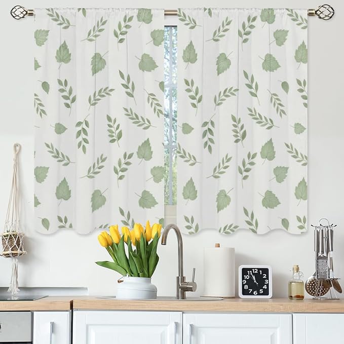 Green Botanical Kitchen Curtains Watercolor Green Leaves and Branches Nature Short Tier Curtains for Bathroom Cafe Small Window Drapes Treatment 2 Panels (27.5x39 Inch)