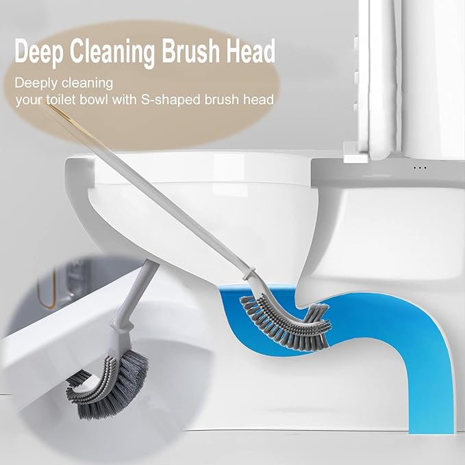 2 Pack Wall Mount Toilet Brush and Holder Set with Back Scrubber - S-Shaped Toilet Bowl Cleaner with Solid Handle, Under Rim Cleaning Brush for Bathroom, Compact Space-Saving Design (Gray)