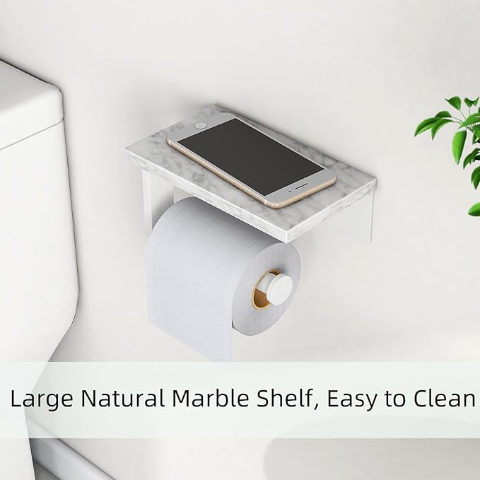Toilet Paper Holder with Natural Marble Shelf, 304 Stainless Steel Screw Wall Mounted, Tissue Roll Paper Holder Dispenser for Bathroom Washroom White