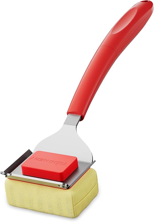 Bristle Free Grill Brush with Scraper for Outdoor Grill Cleaning, Safe Steam BBQ Grill Cleaner, Replaceable Head, Grilling Accessories for Cast Iron, Stainless Steel, Porcelain, Ceramic Grates - Red