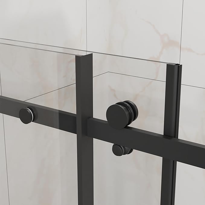 Frameless Shower Door 48" W x 72" H, 1/4" Clear Tempered Glass, Sliding Design, Reversible Installation, Matte Black Finish, Space-Saving Glass Shower Door for Small Bathrooms