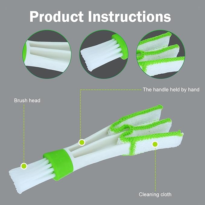 3 PCS Mini Dusters for Car Air Vent, Double Ended Mini Cleaning Brush, Window Blind Brush, Multifunctional Dust Collector Cleaning Cloth Tool, Universal for House, Car, Office (Green & White)