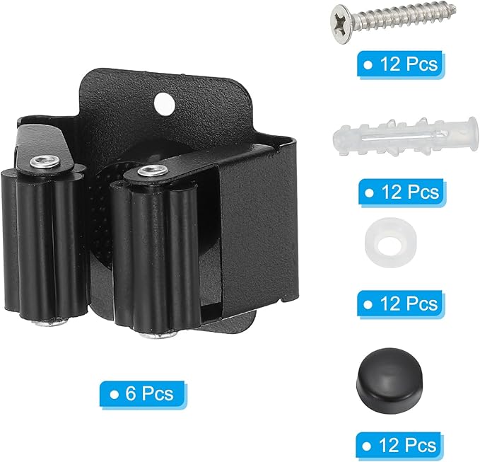 PATIKIL Broom and Mop Holder, 6 Pack Wall Mounted Stainless Steel Mop Hanger Heavy Garden Tool Organizer Rack Hanging Clips with Screws for Home Garage, All Black