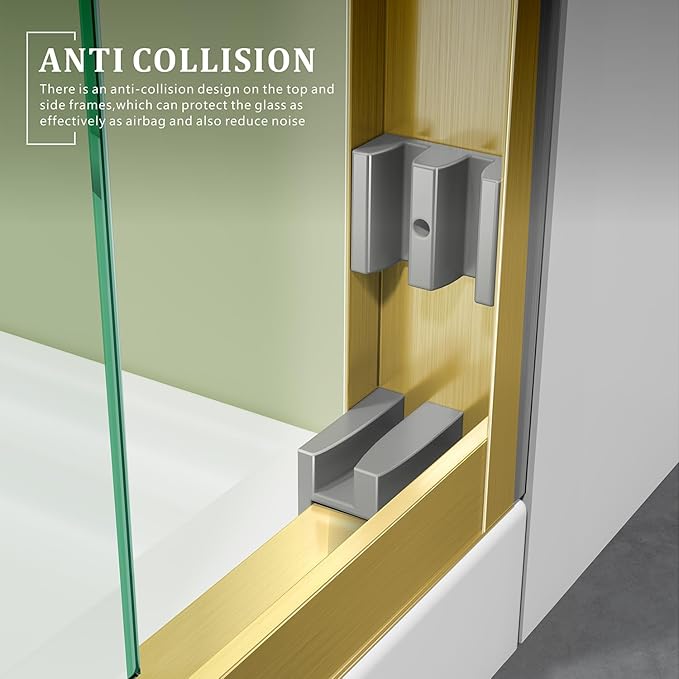 Brushed Gold 50-54'' x 72'' Semi-Frameless Glass Shower Door,Bathroom Sliding Door with 1/4'' Clear Tempered Glass,Stainless Steel Hardware Double Handles Reversible Easy Installation Bypass Doors