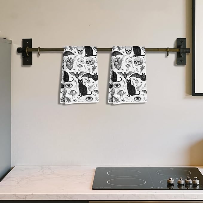 2Pcs Skeleton Cat Kitchen Towels, Mushroom Durable Microfiber Tea Towels for Kitchen Home Bathroom Farmhouse Decor, Eyes Bat Waffle Weave Dish Drying Towel, Cat Gifts for Women Friend, 24x14 Inch