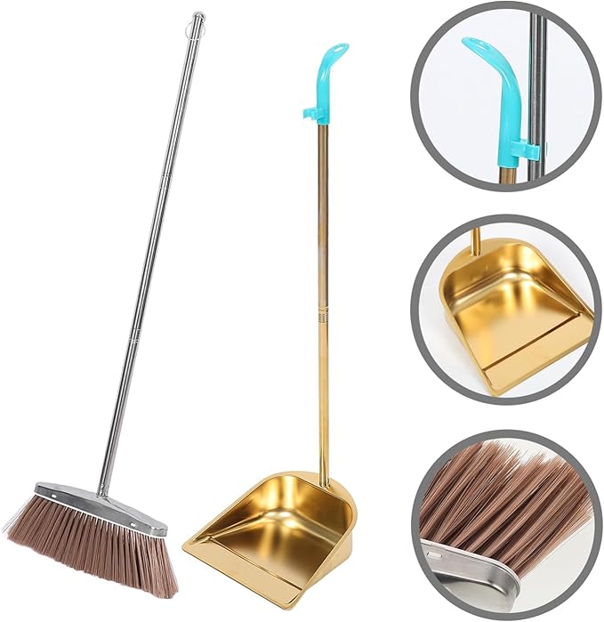 ABOOFAN Heavy Duty Gold Stainless Steel Dustpan and Broom Set with Long Handle for Home Kitchen Floor Cleaning Golden Broom and Dustpan Combination