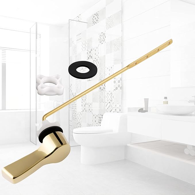Hibbent Universal Metal Front Mount Toilet Handle Replacement Kit, Brass Toilet Flush Tank Lever with Stainless Steel Flapper Chains for Most Toilets, Shiny Gold