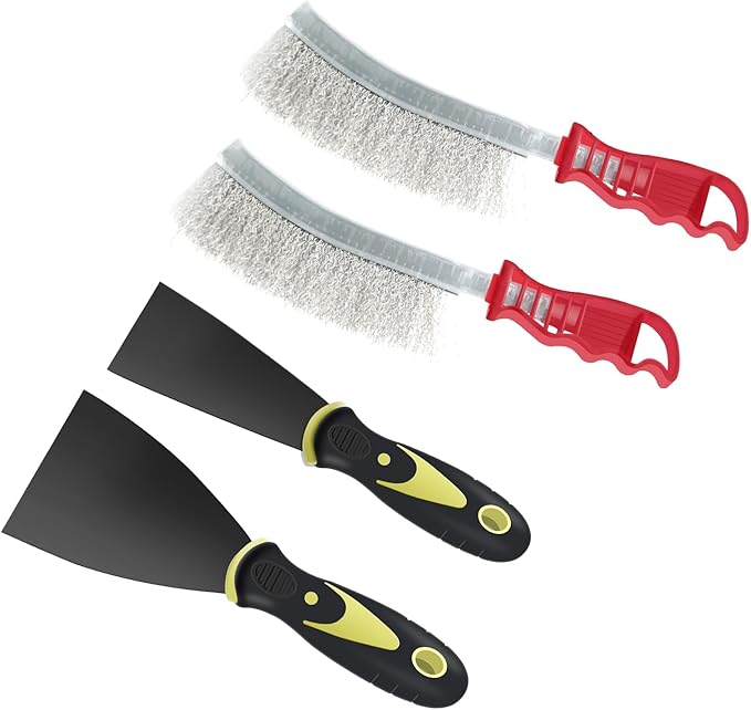 Wire Brush Scraper Heavy-Duty Steel Cleaning Tool 11-inch Long Handle with Plastic Grip Ideal for Automotive, Grill, Paint, Weld slag, and Household Cleaning Denser, Thicker bristles 4-Pack