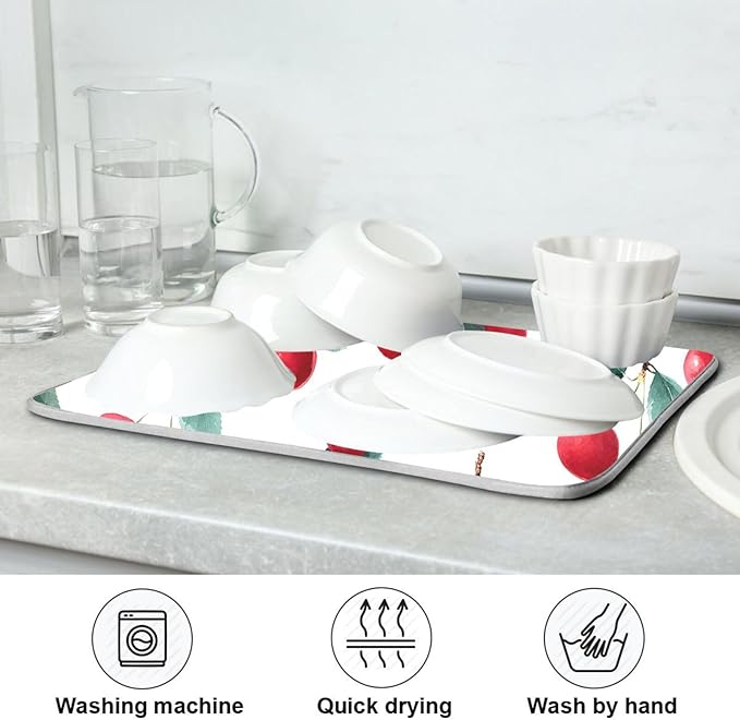 Red Cherry Leaves Dish Drying Mat for Kitchen Counter Absorbent Microfiber Drying Pad, Medium 16x18 in