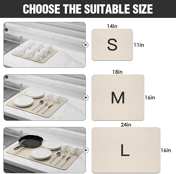 Dish Drying Mat for Kitchen Counter Super Absorbent Drainer Mats with Non-slip Rubber Backed Hide Stain Heat Resistant Easy to Clean Dish Rack Mat (Beige, XL-31.5"x17")